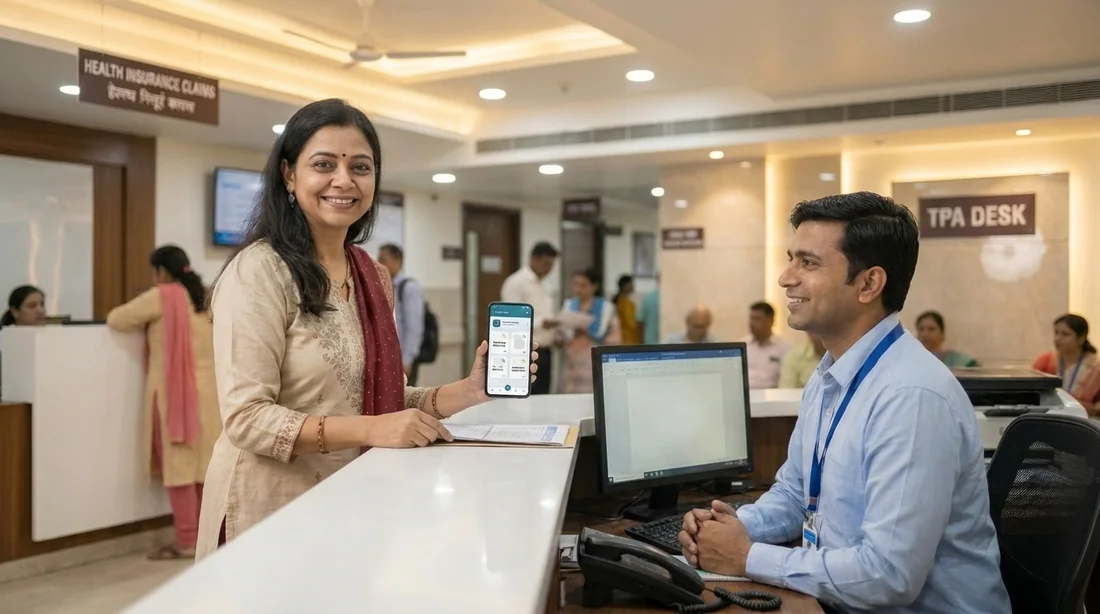 At the insurance desk, showing the phone