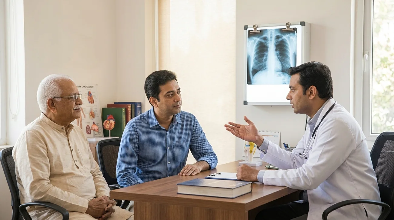 A son and his father at the cardiologist